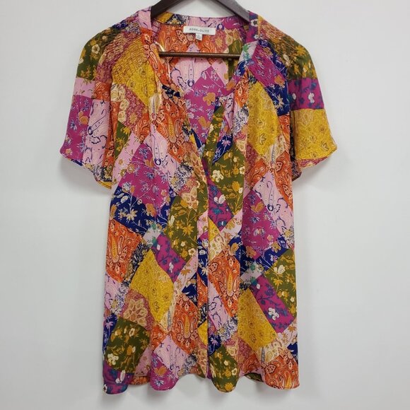 Rose & Olive Womens Multicolor Patchwork Button Up Top Size 1X Boho Lightweight - Picture 1 of 10